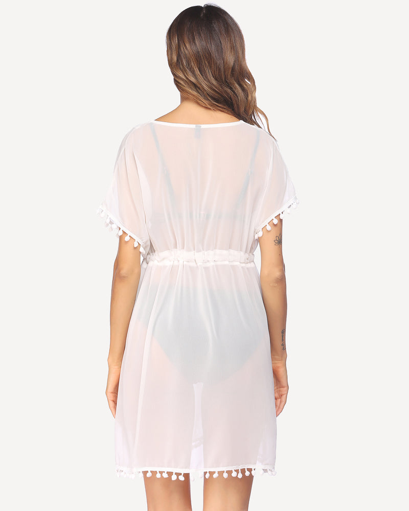 White chiffon kimono swimsuit coverup with tassels and drawstring waist, perfect beach coverup