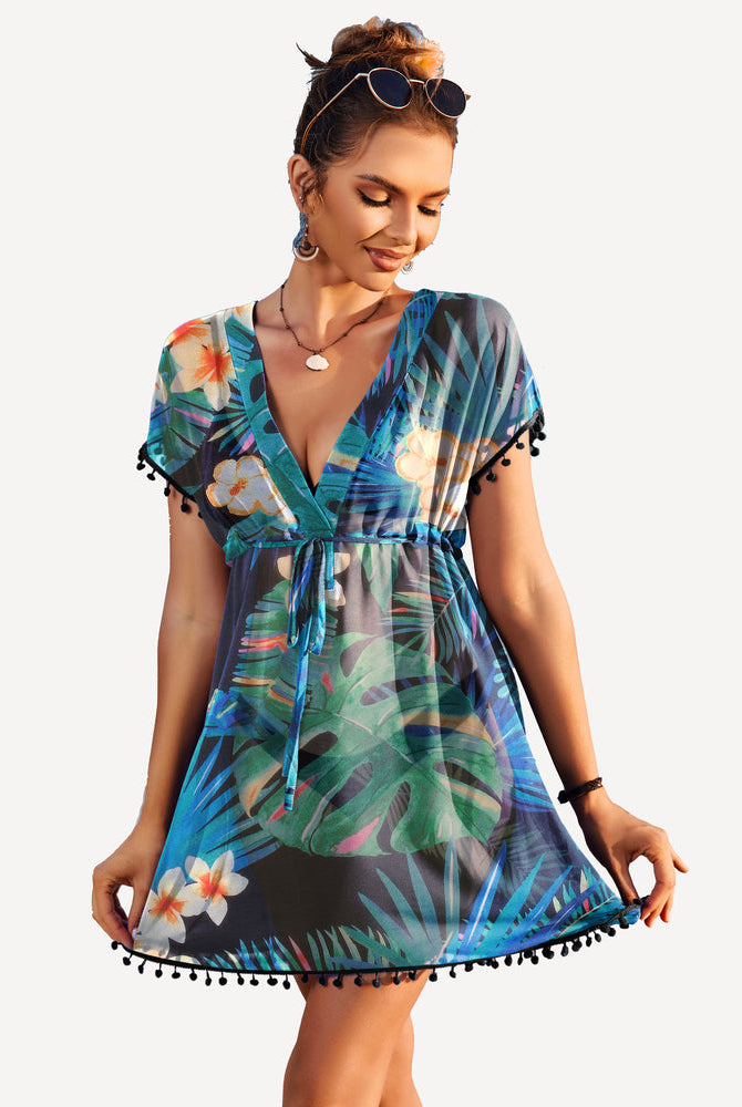Tropical print chiffon kimono swimsuit coverup with drawstring waist and tassels, perfect beachwear