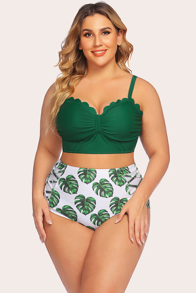 Plus size tummy control swimwear: green scalloped top, palm print high-waisted bottom