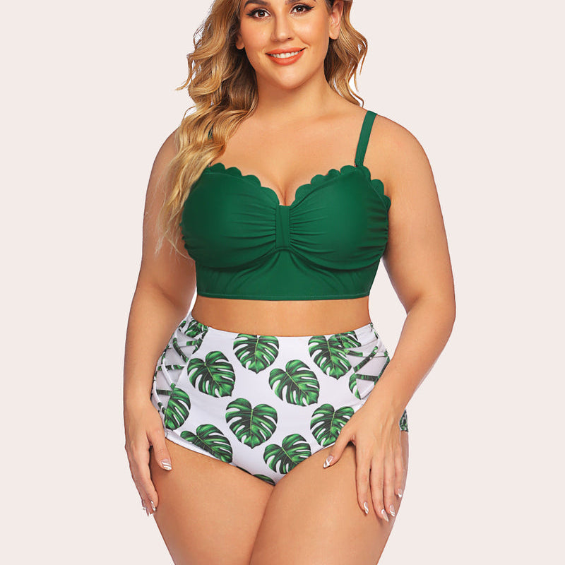 Plus size tummy control swimwear: green scalloped top, palm print high-waisted bottom