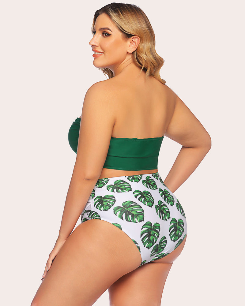 Plus size tummy control high-waisted bikini set: green bandeau top and monstera leaf print bottom