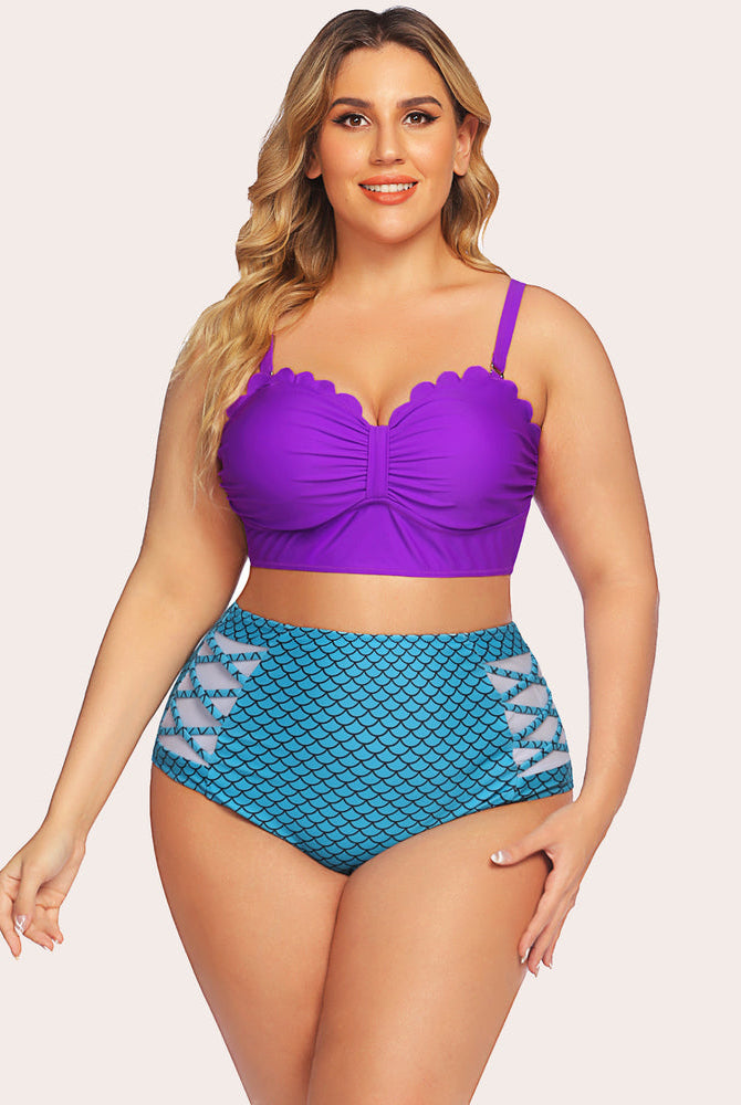 Plus size high-waisted bikini: purple scalloped top, mermaid scale bottom, tummy control.