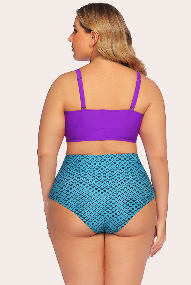 Plus size tummy control high-waisted bikini set: purple top, mermaid scale bottom, perfect for beach
