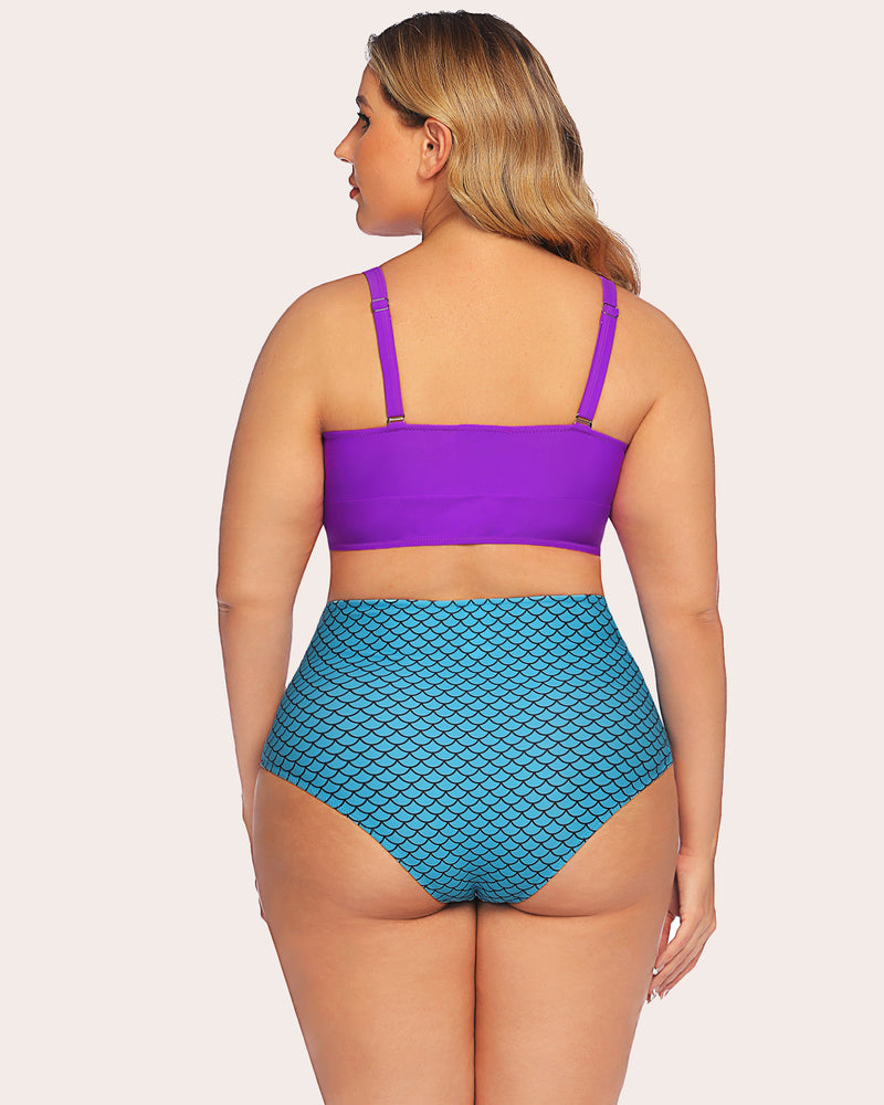 Plus size tummy control high-waisted bikini set: purple top, mermaid scale bottom, perfect for beach