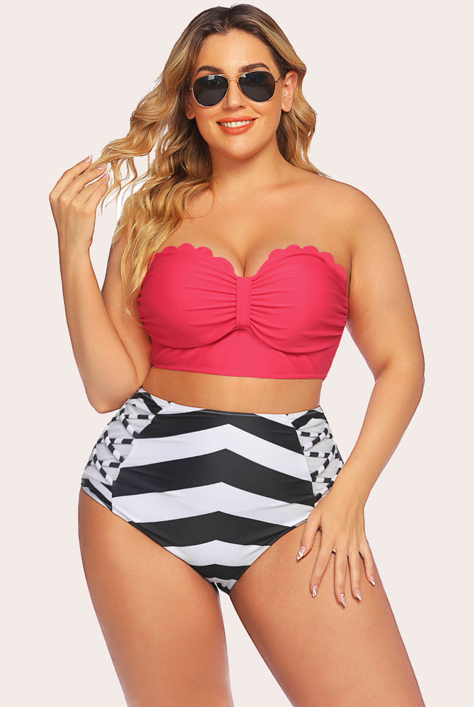 Plus size tummy control high-waisted bikini set: red scalloped top, chevron bottom.
