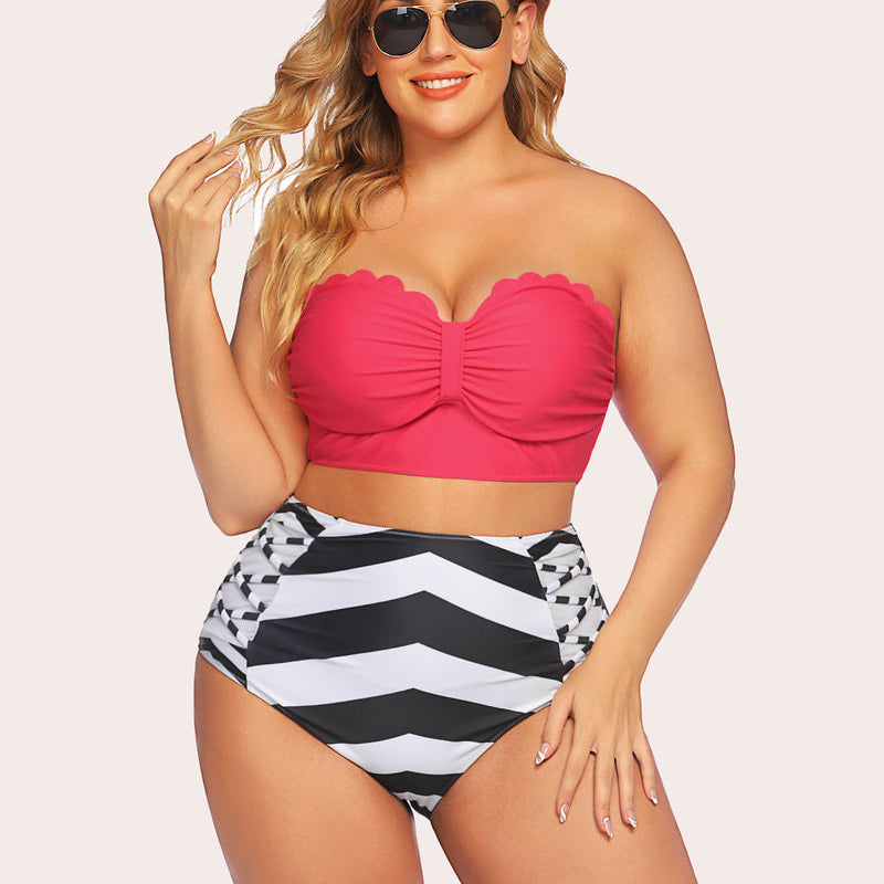 Plus size tummy control high-waisted bikini set: red scalloped top, chevron bottom.