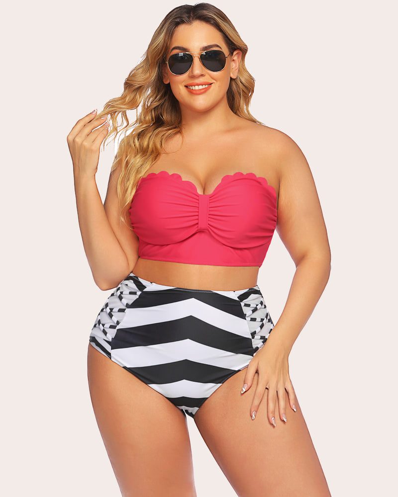 Plus size tummy control high-waisted bikini set: red scalloped top, chevron bottom.