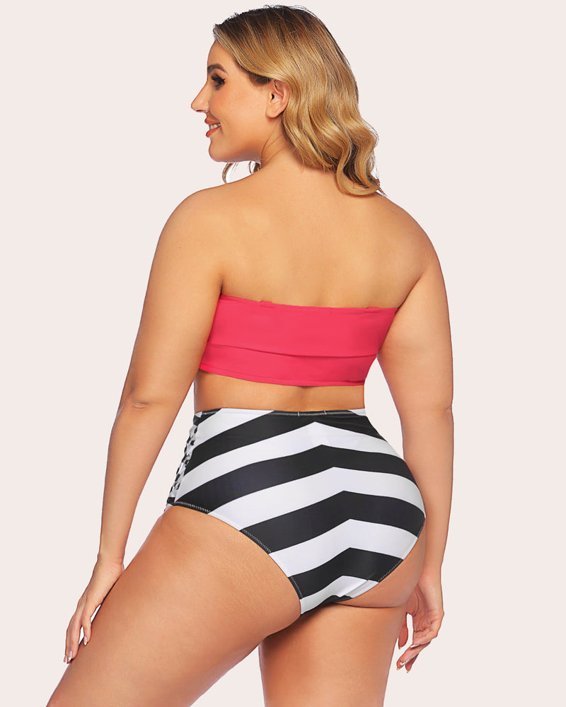 Plus size tummy control swimwear: red bandeau top, chevron high-waisted bottom, beach ready.