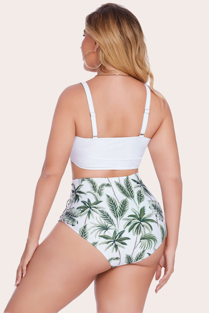 Plus size high-waisted bikini set with palm print bottom, tummy control design, perfect for beach.