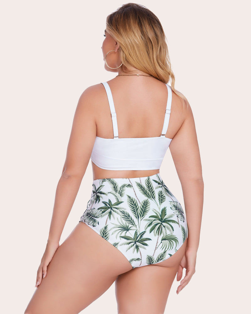 Plus size high-waisted bikini set with palm print bottom, tummy control design, perfect for beach.