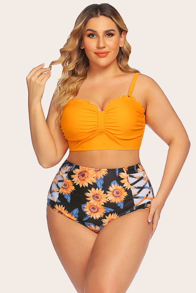Plus size tummy control swimsuit: orange scalloped top, sunflower print high-waisted bottom