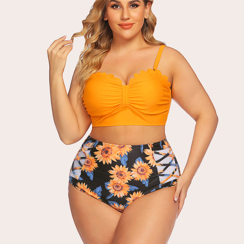 Plus size tummy control swimsuit: orange scalloped top, sunflower print high-waisted bottom