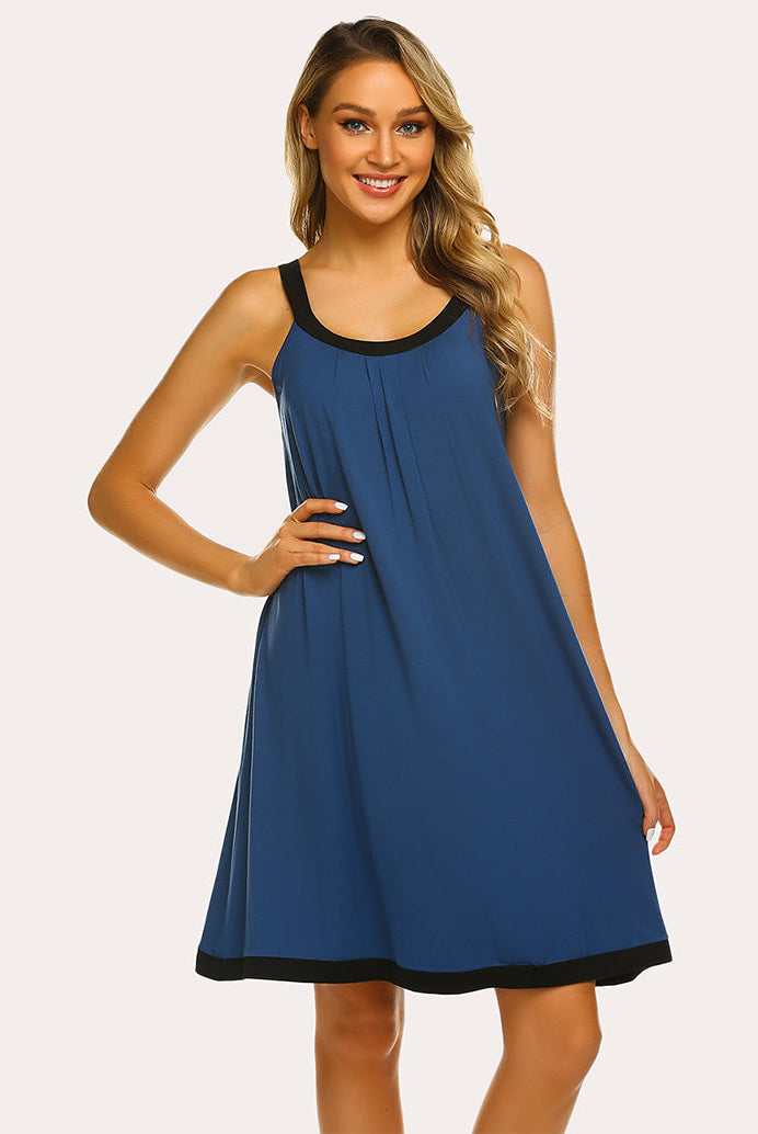 Blue nightdress with black contrast trim, scoop neck, front pleats, sleeveless