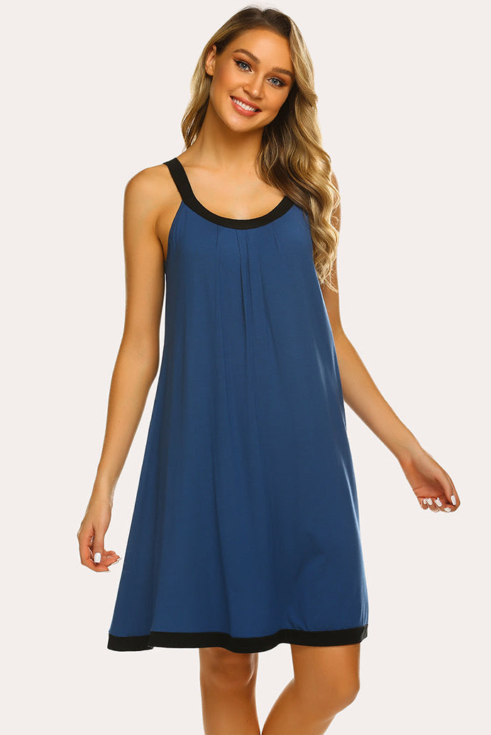 Blue sleeveless nightdress with scoop neck, black trim, and front pleated skirt
