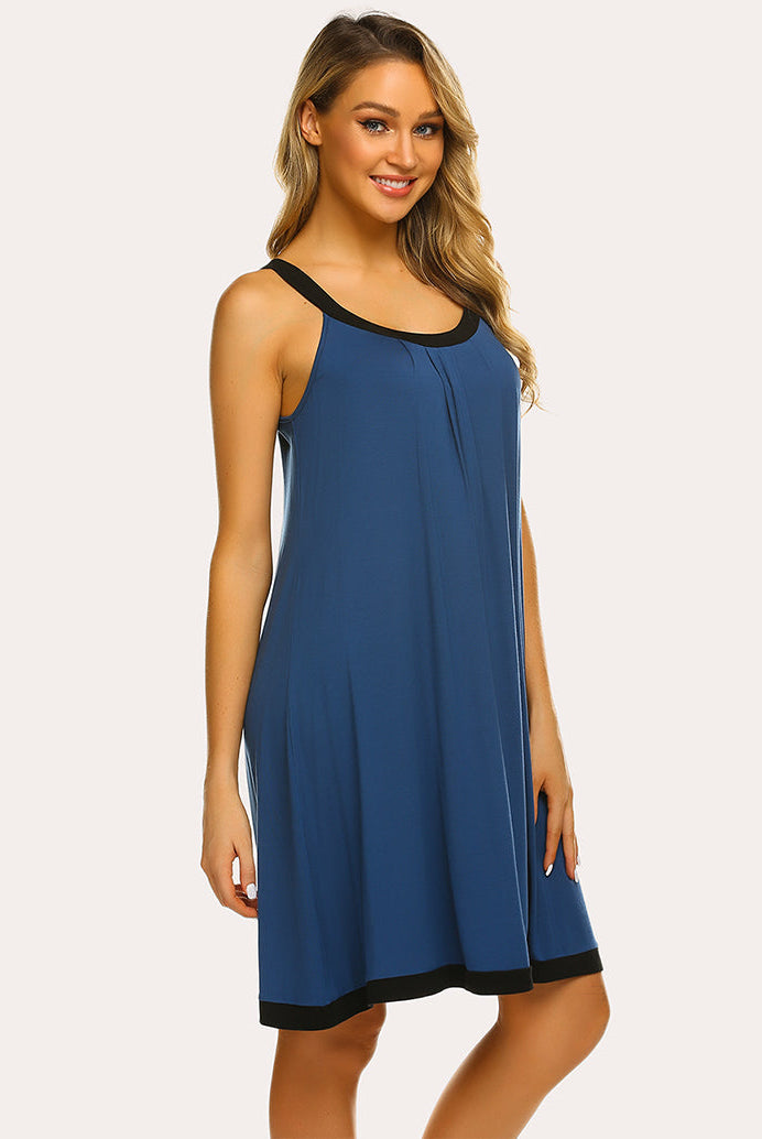Blue sleeveless nightdress with black contrast trim around neckline and hem