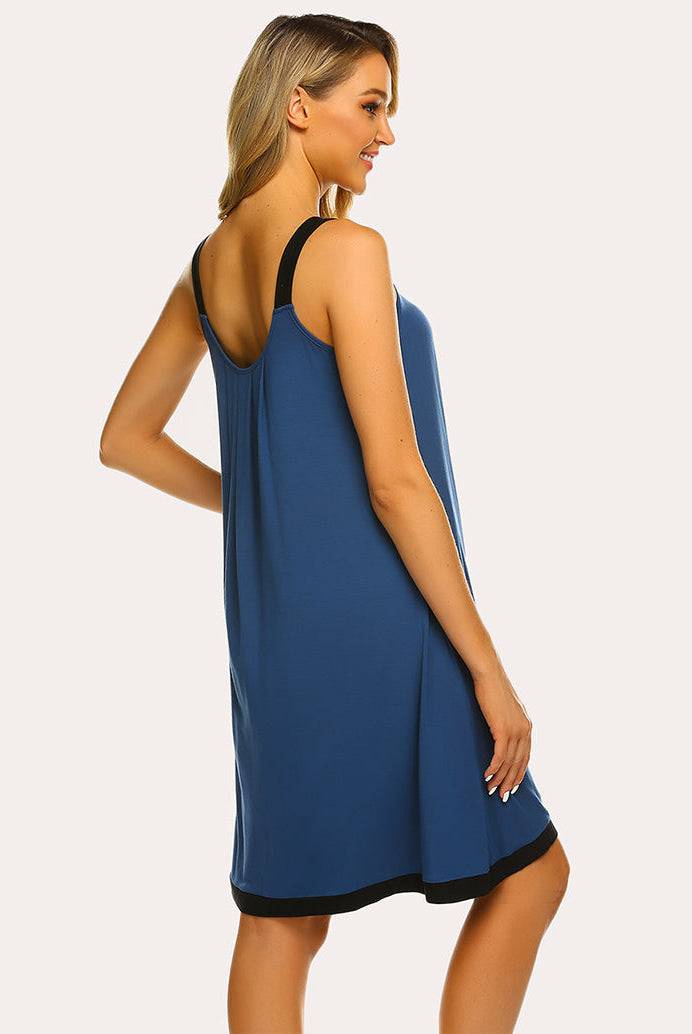 Blue sleeveless nightdress with scoop back and black contrast trim at hem