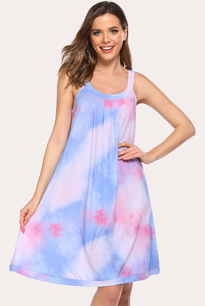 Blue and pink tie-dye nightdress with scoop neck, thin straps, sleeveless