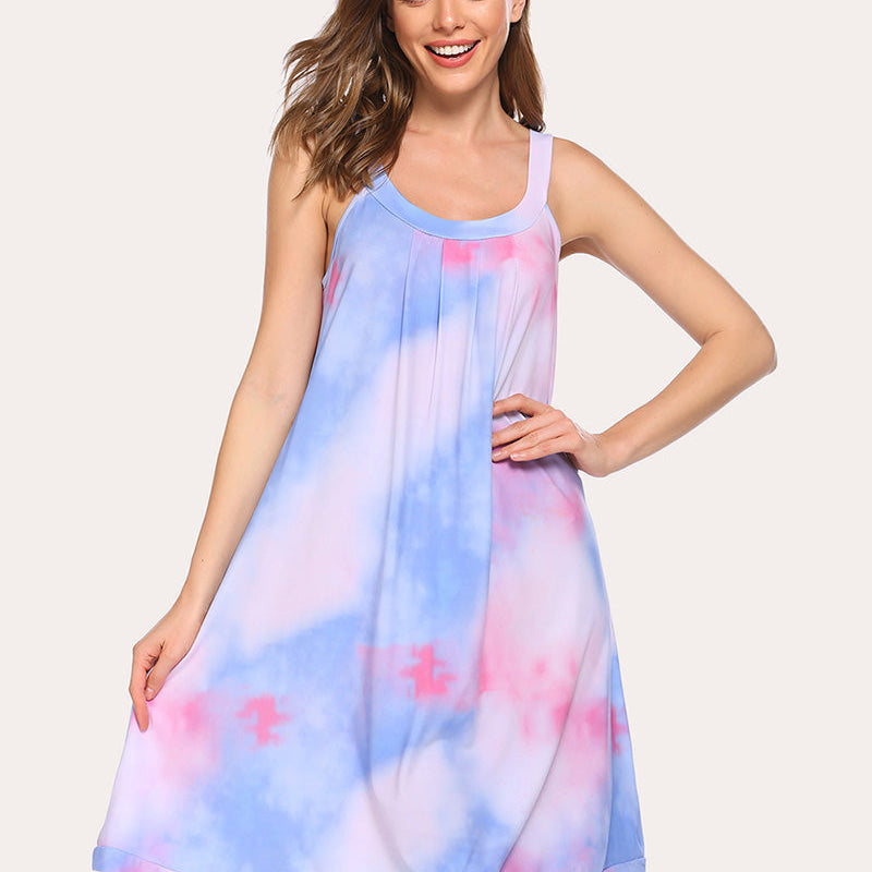 Blue and pink tie-dye nightdress with scoop neck, thin straps, sleeveless