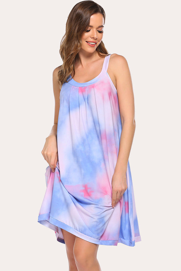 Blue and pink tie-dye sleeveless nightdress with scoop neck and thin straps