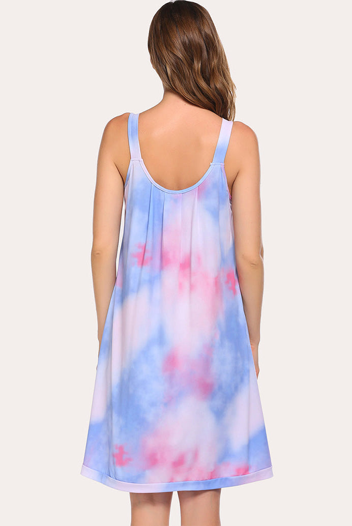 Blue and pink tie-dye sleeveless nightdress with scoop back and thin straps