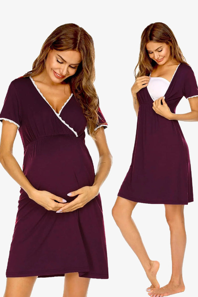 Maternity nursing nightgown in deep plum with lace-trim V-neck and short sleeves