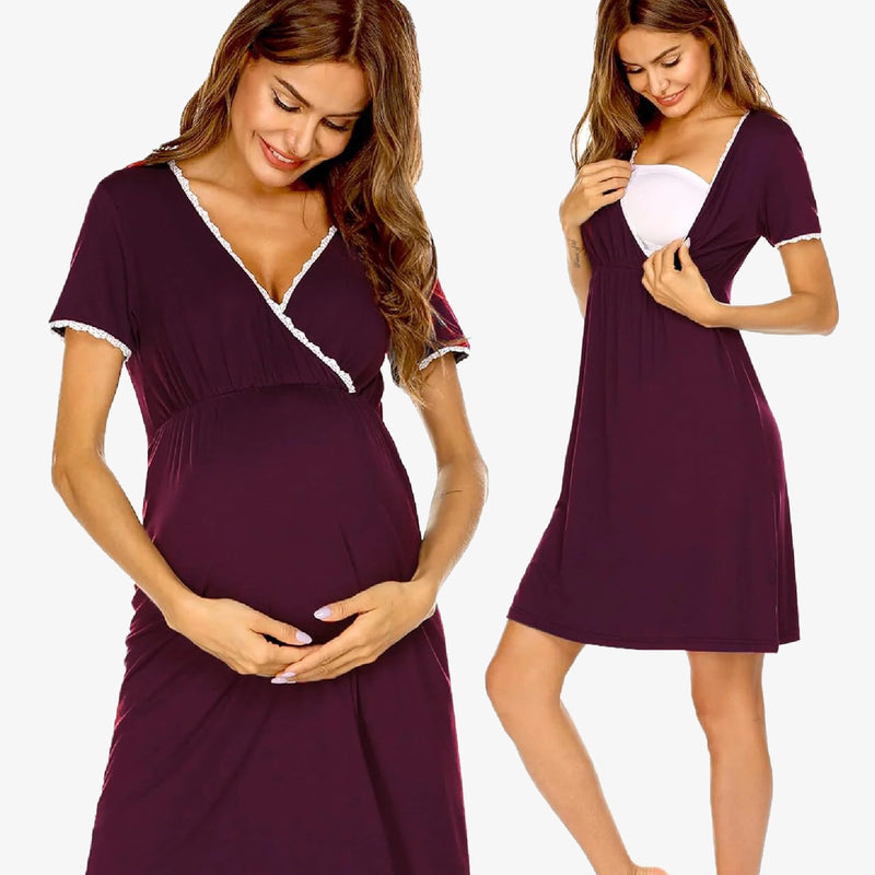 Maternity nursing nightgown in deep plum with lace-trim V-neck and short sleeves