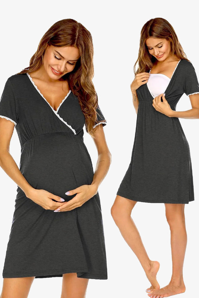 Maternity nursing nightgown in dark gray with lace-trim V-neck and short sleeves