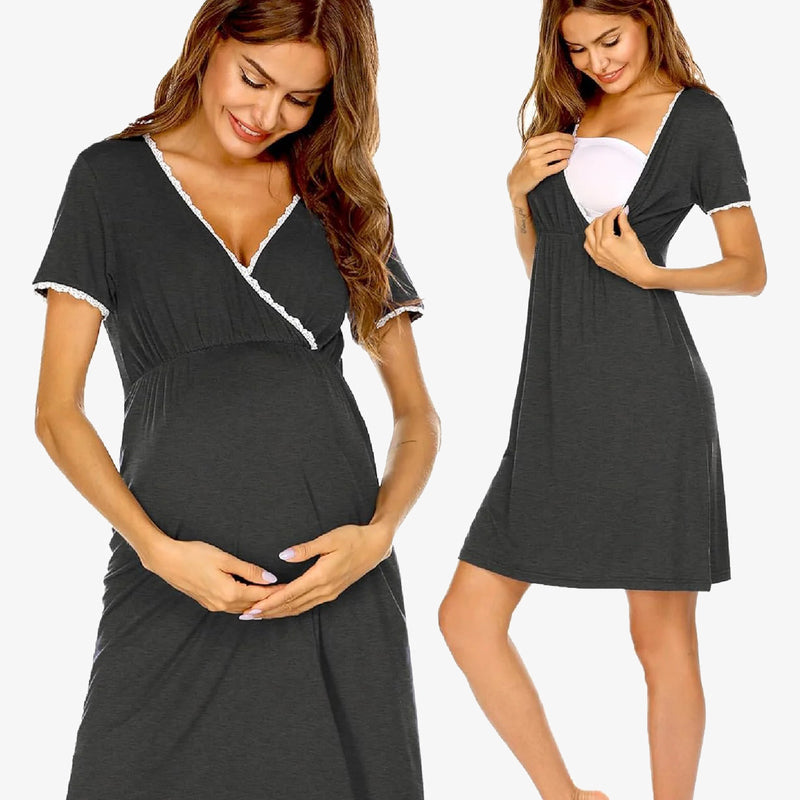 Maternity nursing nightgown in dark gray with lace-trim V-neck and short sleeves