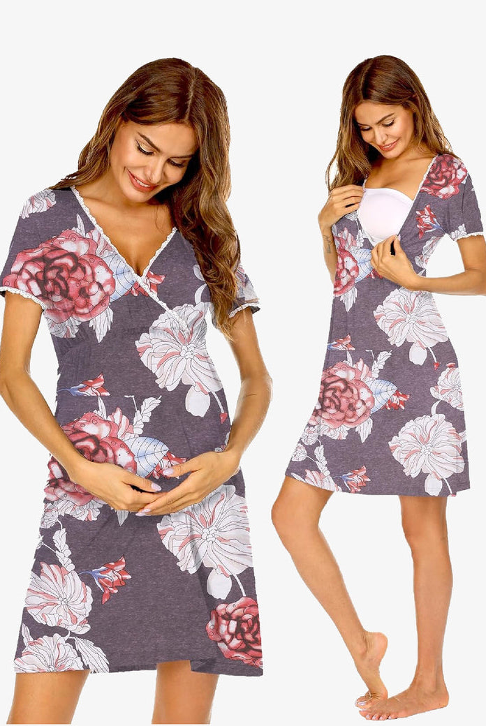 Maternity nursing nightgown in gray floral print with lace-trim V-neck and short sleeves