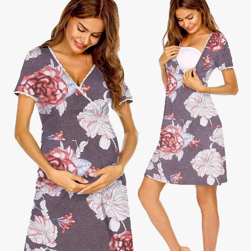 Maternity nursing nightgown in gray floral print with lace-trim V-neck and short sleeves