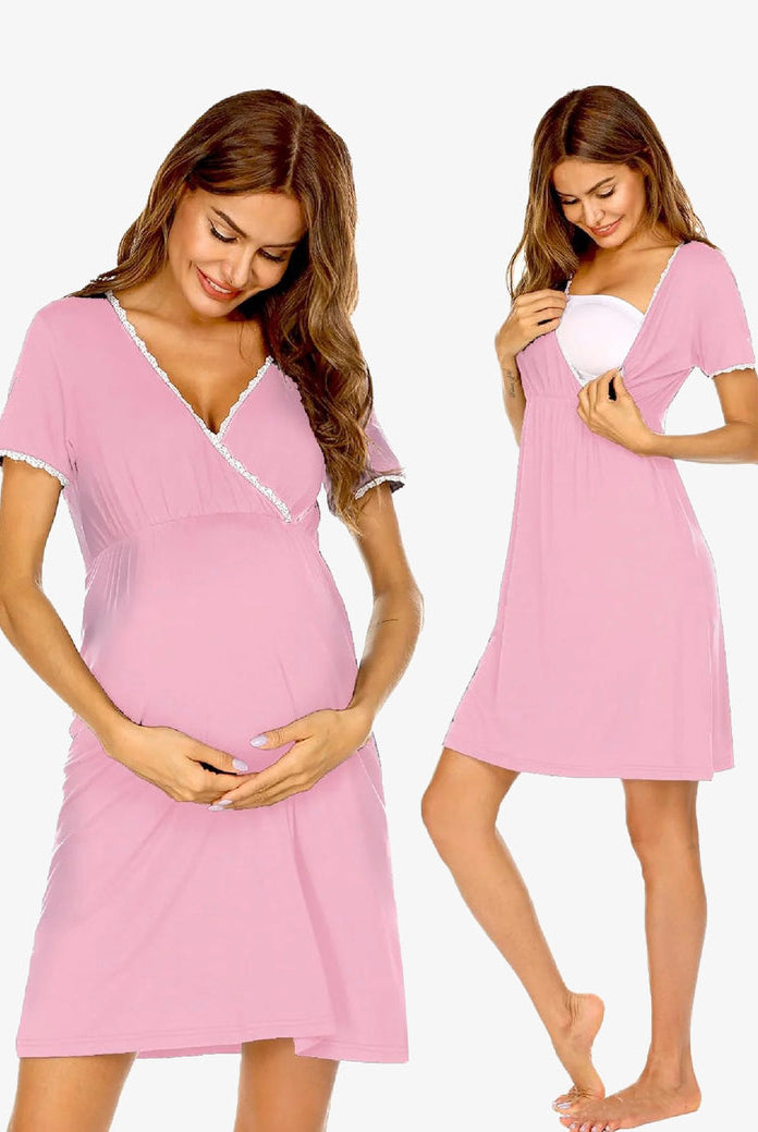 Maternity nursing nightgown in light rose pink with lace-trim V-neck and short sleeves