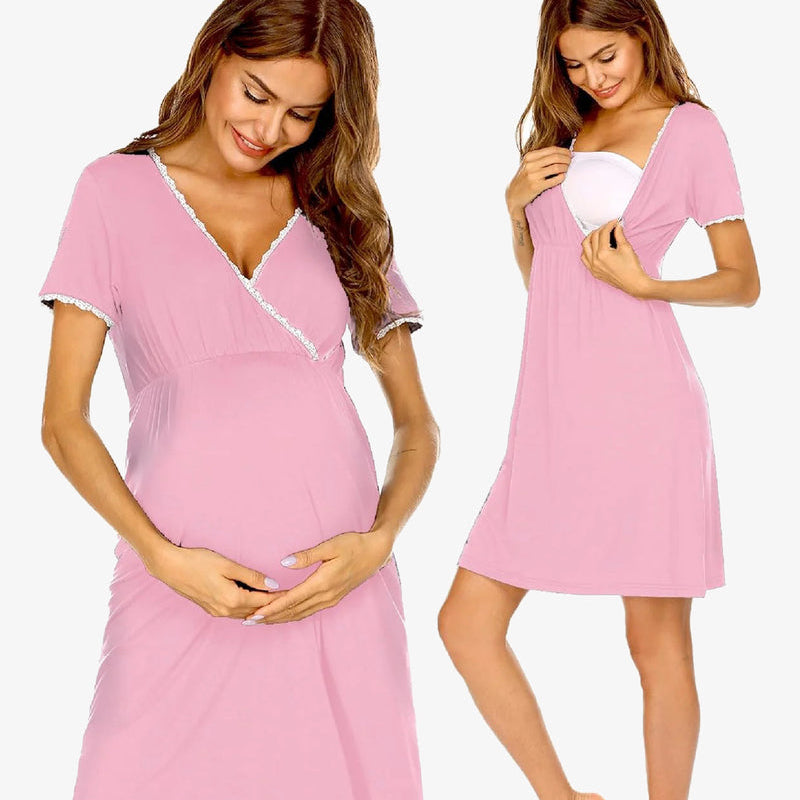 Maternity nursing nightgown in light rose pink with lace-trim V-neck and short sleeves