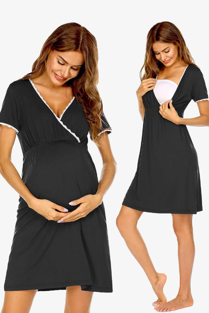 Maternity nursing nightgown in black with lace-trim V-neck and short sleeves