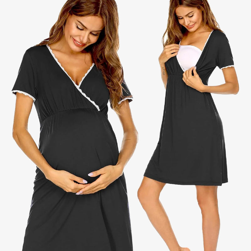 Maternity nursing nightgown in black with lace-trim V-neck and short sleeves