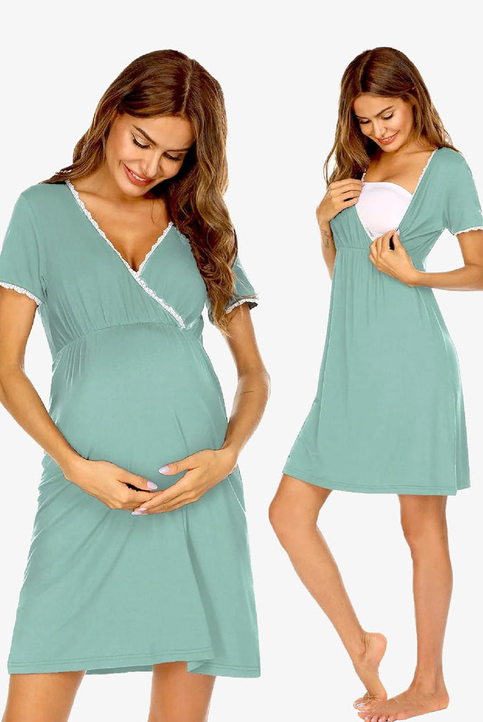 Maternity nursing nightgown in teal with lace-trim V-neck and short sleeves