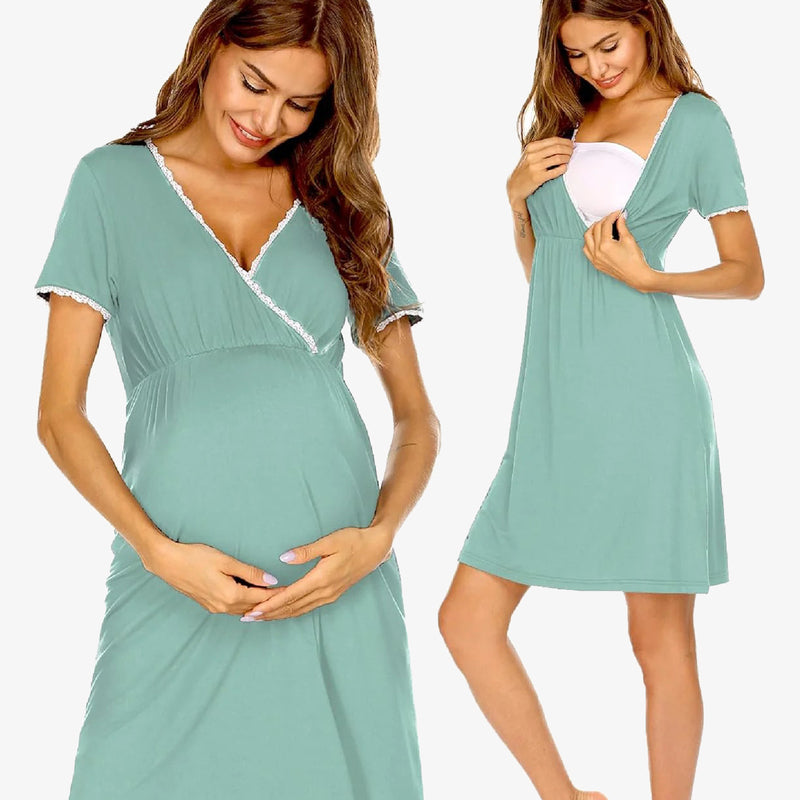 Maternity nursing nightgown in teal with lace-trim V-neck and short sleeves