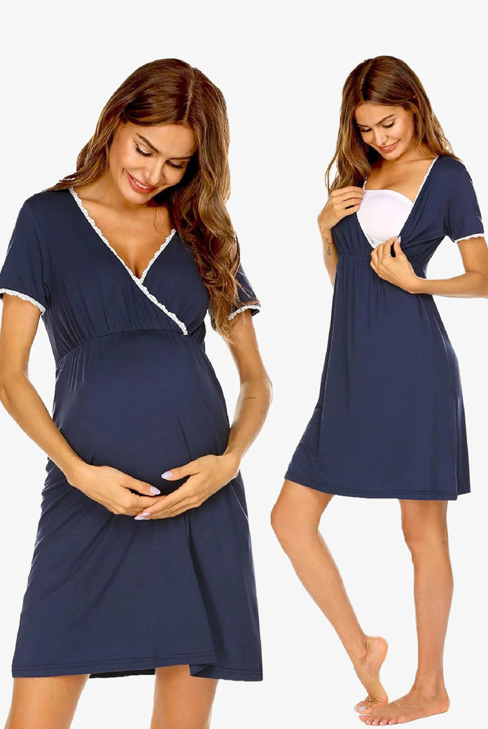 Maternity nursing nightgown in navy with lace-trim V-neck and short sleeves