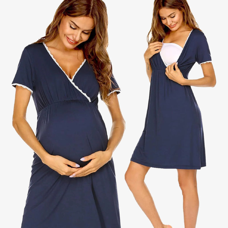 Maternity nursing nightgown in navy with lace-trim V-neck and short sleeves