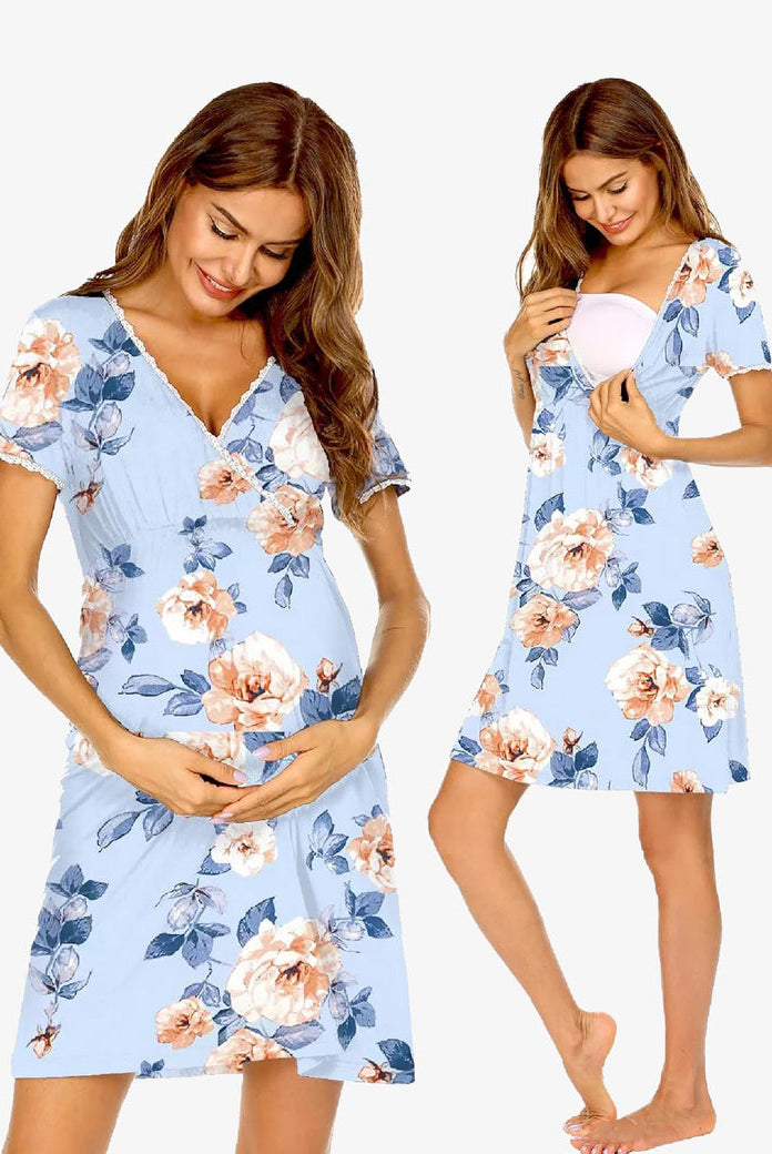 Maternity nursing nightgown in light blue floral print with lace-trim V-neck and short sleeves