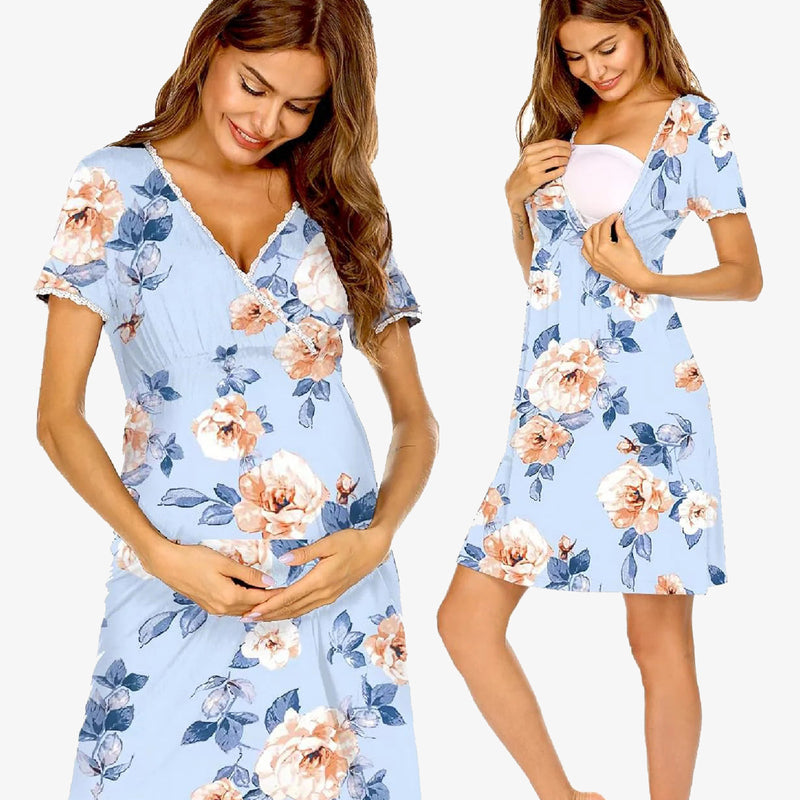 Maternity nursing nightgown in light blue floral print with lace-trim V-neck and short sleeves