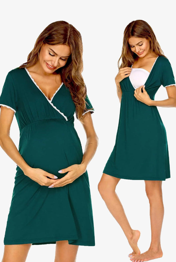 Maternity nursing nightgown in dark green with lace-trim V-neck and short sleeves