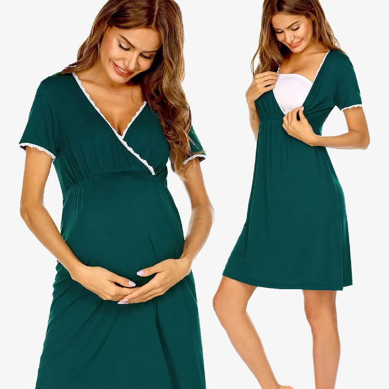 Maternity nursing nightgown in dark green with lace-trim V-neck and short sleeves