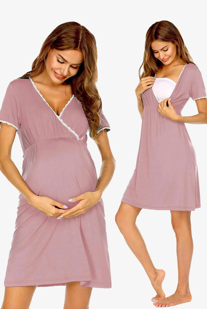 Maternity nursing nightgown in dusty rose with lace-trim V-neck and short sleeves