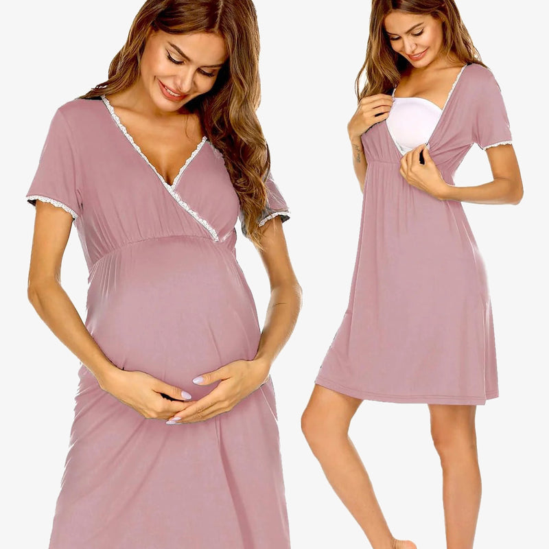 Maternity nursing nightgown in dusty rose with lace-trim V-neck and short sleeves