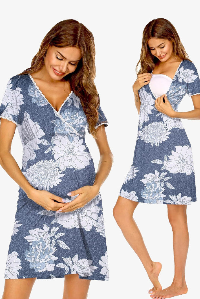 Floral nursing maternity nightgown, blue short sleeves with V-neck and wrap-style bust