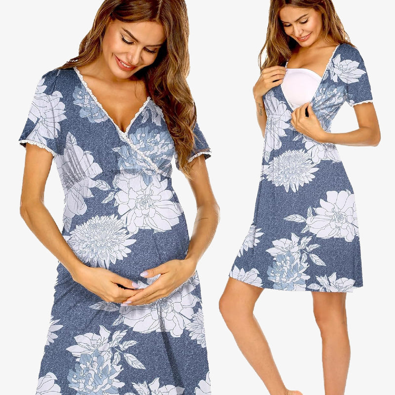 Floral nursing maternity nightgown, blue short sleeves with V-neck and wrap-style bust