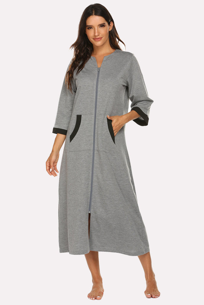 Heather gray zip-front nightgown robe with 3/4 sleeves and side slit hem