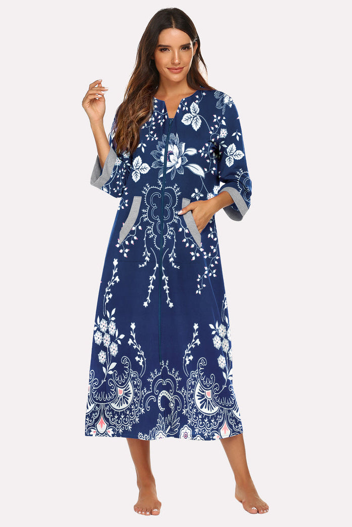 Blue zip-front nightgown robe with white floral pattern and 3/4 sleeves