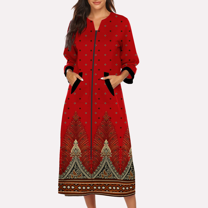 Red zip-front nightgown robe with small-dot print and decorative hem border
