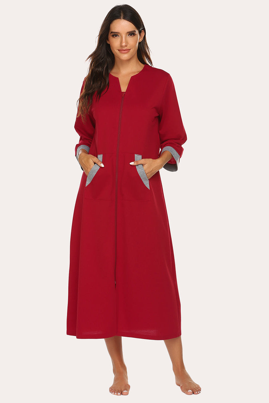 Wine red zip-front 3/4 sleeve nightgown robe with V-neck and side pockets